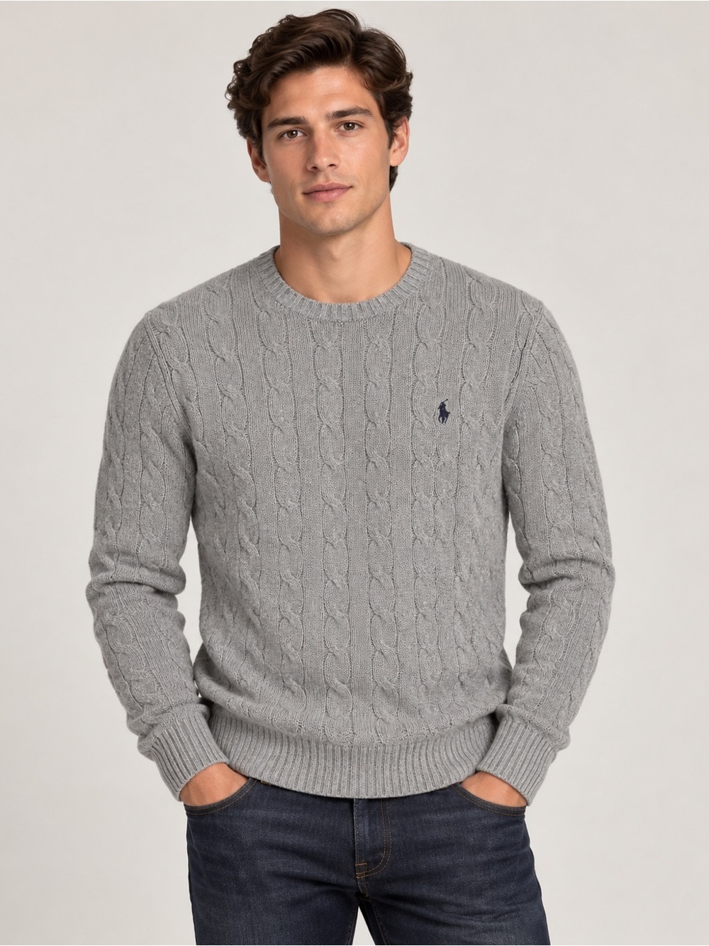 Polo Ralph Lauren Men’s Gray Cable Knit Crewneck Sweater Size M 100% Cotton
